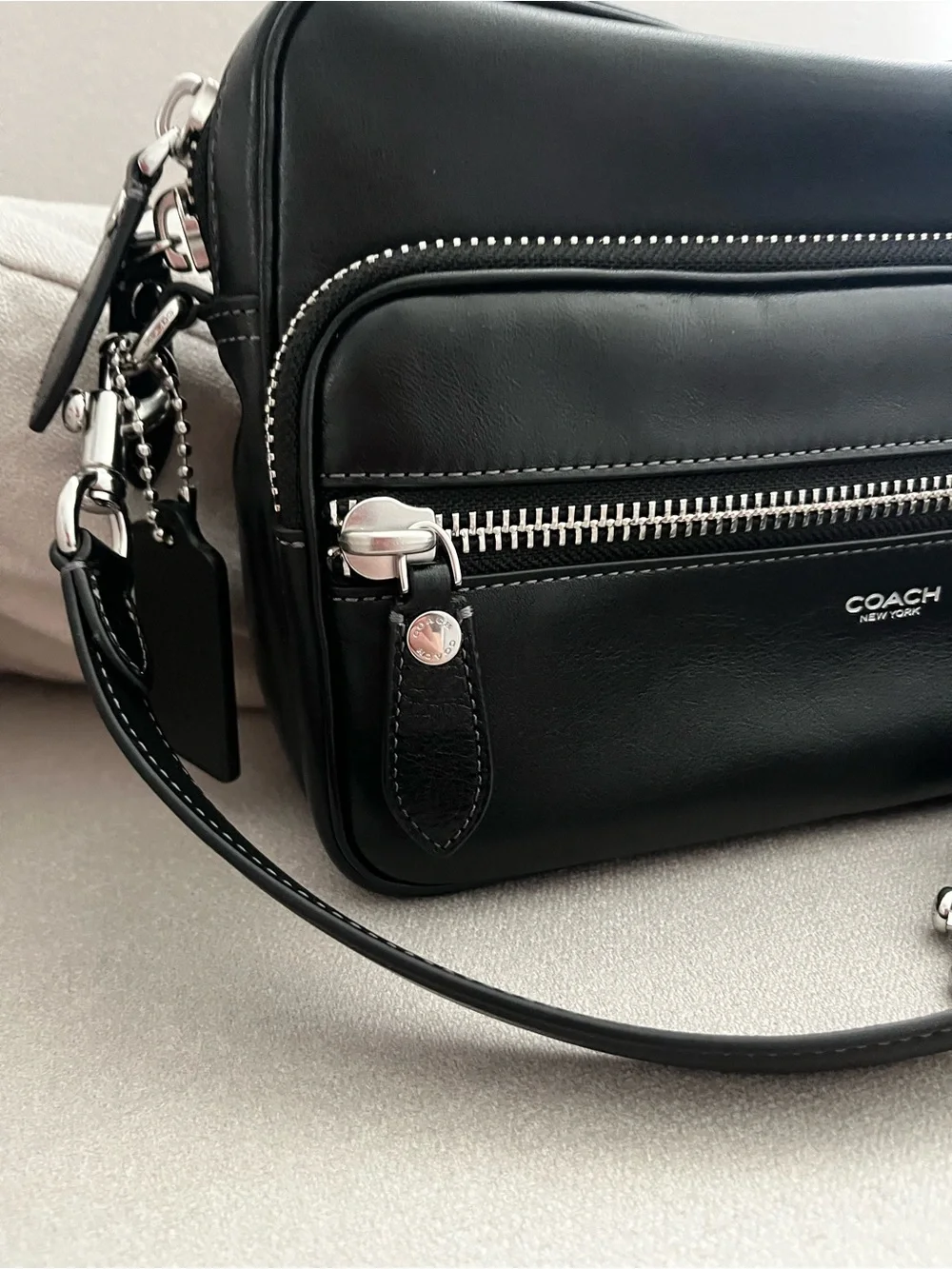 Coach Dakota Black Leather Double-Zip Crossbody Bag with Silver Hardware